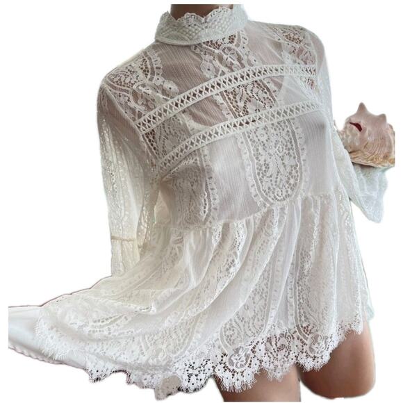 Altard State Crochet Lace Bell Sleeve Lined Top Ivory Sheer Boho Festival Large - Picture 2 of 16